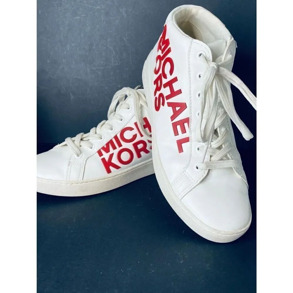 🛍️Michael Kors White Sneakers with Red Logo Mid-High-Tops - Picture 6 of 16